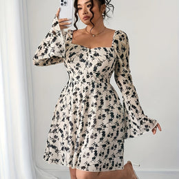 jkthpu-45 Black Flowers / UK 16 Plus Size - Plus Size Women'S Floral Print Mini Dress - Elegant Bell Sleeves, Tie-Back Detail, Slim Fit, Casual Summer Dress with V-Neck and Long Sleeves for Vacation or Casual Attire, Vacation Dress | Floral Print Dress | Glossy Fabric