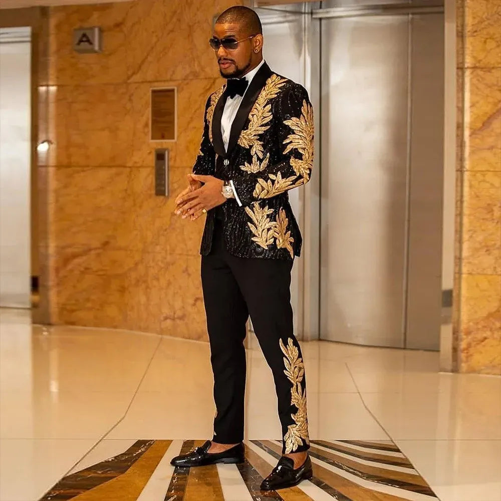 KissICON Black gold / US   M Mens Gold Sequin Fashion Suit Jacket  Pants Ensemble
