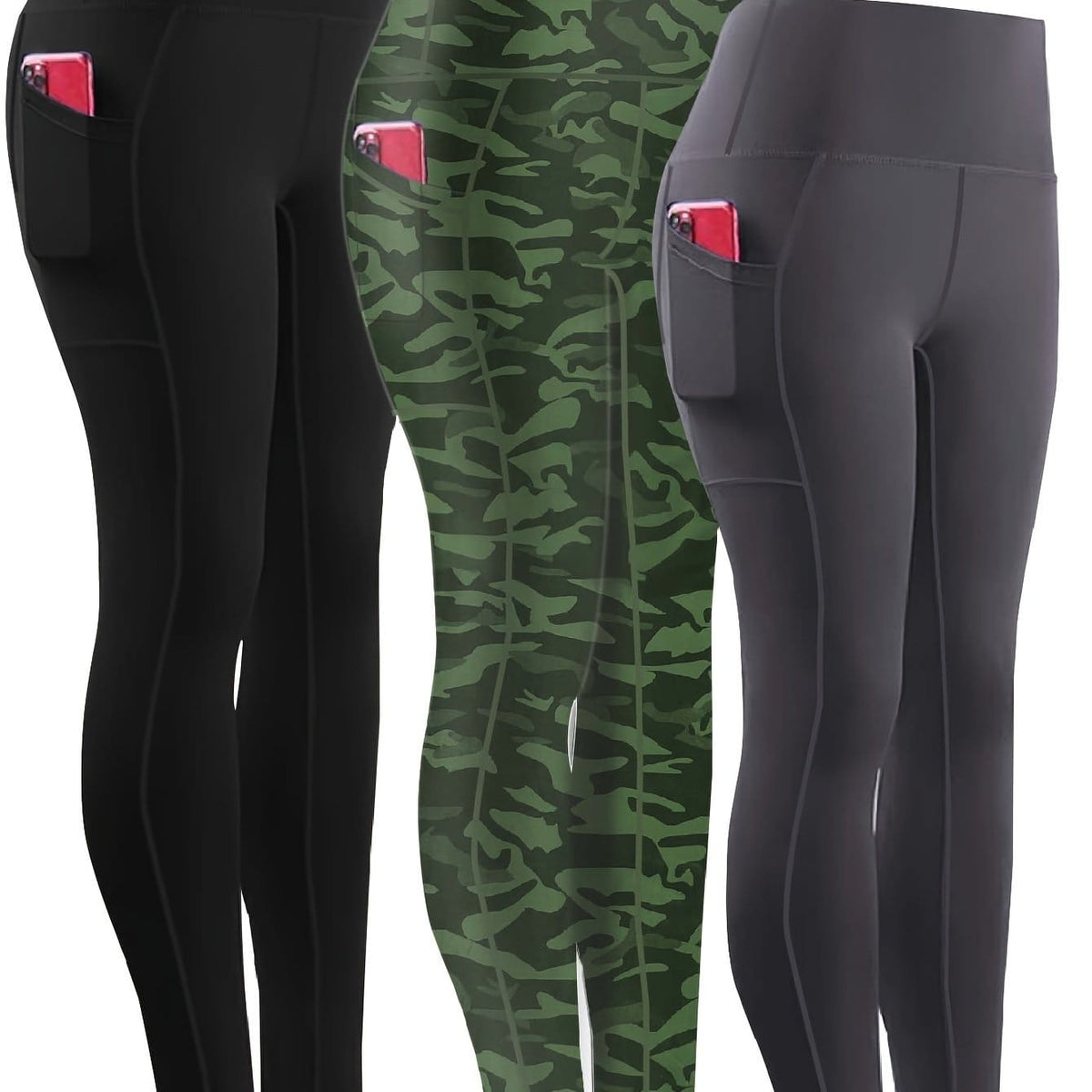 jkthpu-45 Black/green Camouflage/grey / UK 16 Three-piece Set, Sports Yoga Pants for Women, High