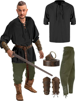 KissICON black green / XL 4 Pcs Halloween Men's Renaissance Costume Set Medieval Pirate Shirt Ankle Banded Pants Viking Belt Accessories