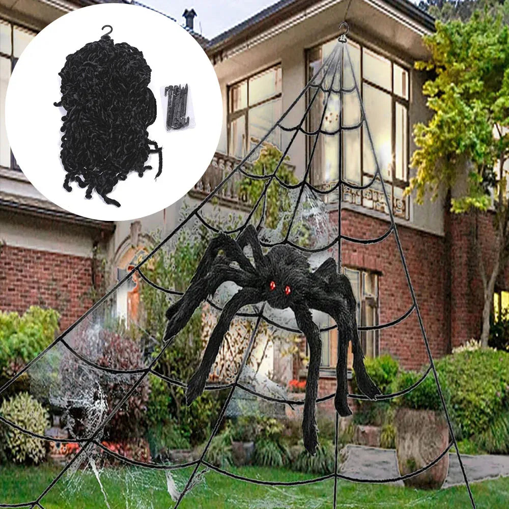 KissICON Black Halloween Triangle Spider Web,5m Large Plush Simulation Spider Web,Haunted Home Outdoor Yard Decoration Props