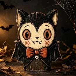 KissICON black Halloween Wooden Tabletop Decor, Hand-Painted Owl Ghost Pumpkin & Vampire Cat Figurines for Shelf Mantel Party Decoration