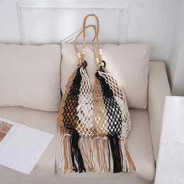 KissICON black Hand-woven Cotton Thread Ethnic Hollow Shoulder Tote