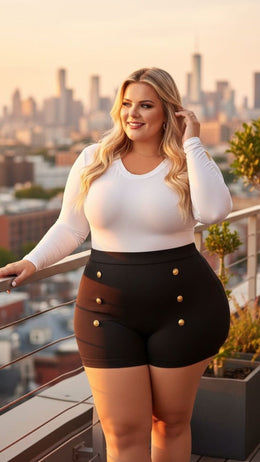 KissICON Black High-Waisted Gold Button Shorts – Plus Size Luxe Statement Piece
