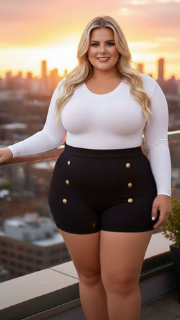 KissICON Black High-Waisted Gold Button Shorts – Plus Size Luxe Statement Piece