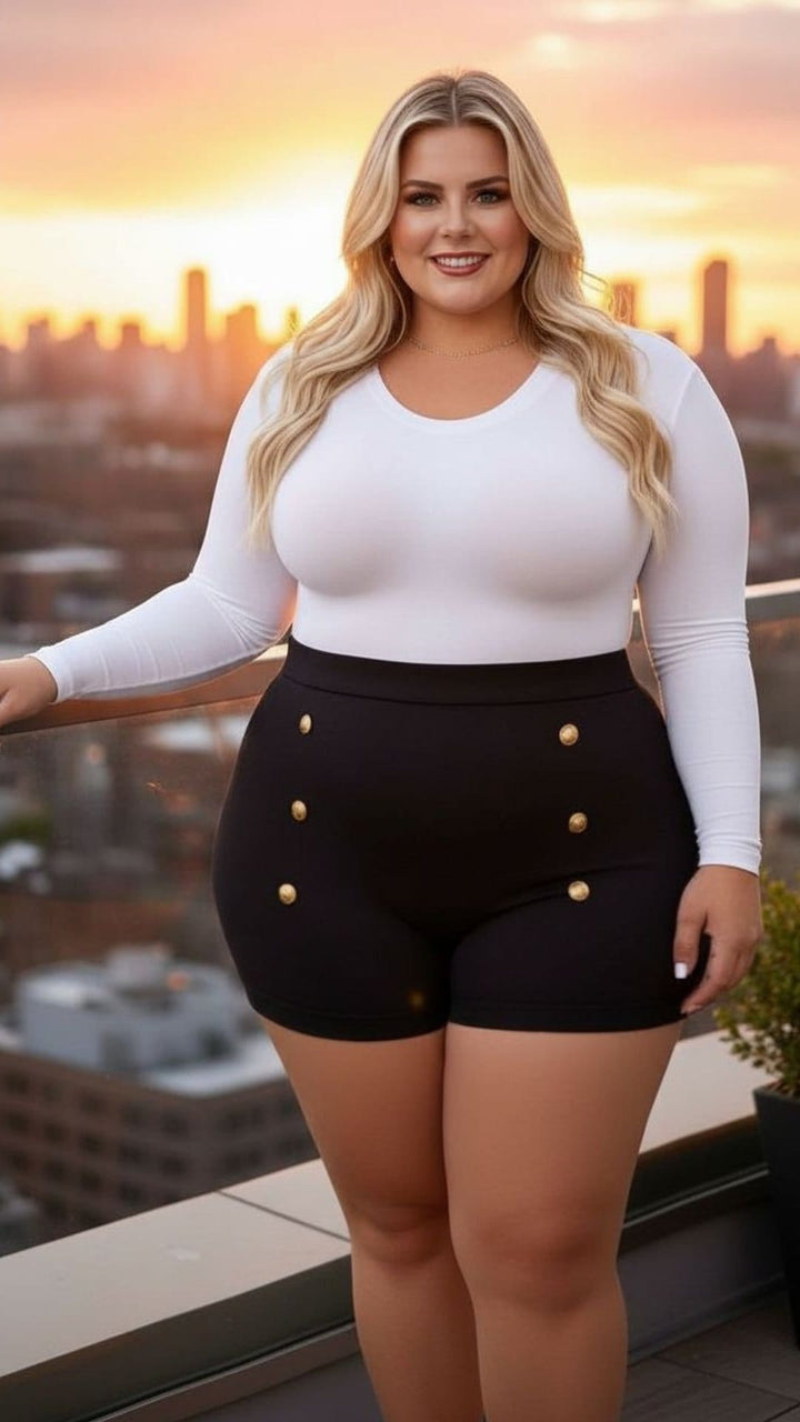 Black High-Waisted Gold Button Shorts – Plus Size Luxe Statement Piece