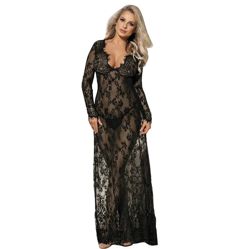 KissICON Black / (INTL.XL-2XL) Plus Size/Big Size Full Lace Half Transpaent for fat women Sexy lingerie Long Dress nighty for ladies  sexy sleepwear