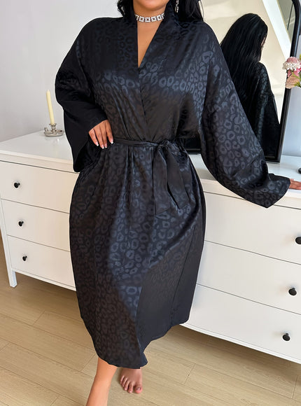 KissICON Black Jacquard Four-Season Extended-Length Fashionable Sexy Home Robe