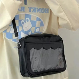 Dropshipman Black Japanese Harajuku Ita Bag for Women PU Transparent Pocket Itabag High School Girls Uniform JK Crossbody Shoulder Bag Handbags