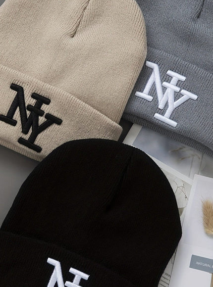 jkthpu-45 Black+khaki+grey 3Pack Unisex Black Knit Beanies Embroidered NY Logo