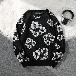 KissICON black / L Cool Floral Jacquard Mens Crew Neck Winter Pullover Gift