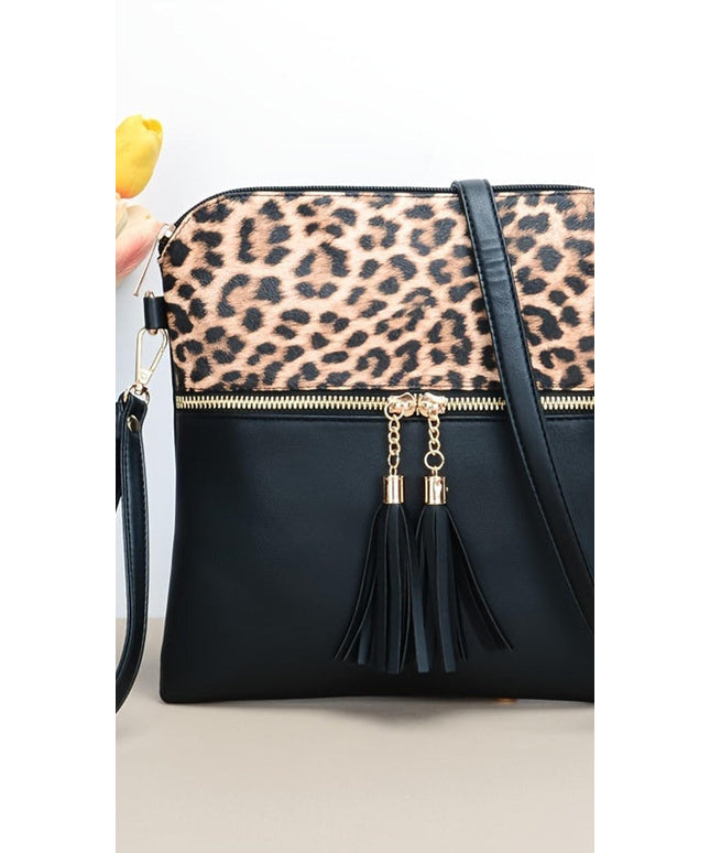 jkthpu-45 Black Leopard Print Crossbody Bag, Stylish Zipper Closure Purses, Tassel Decor Shoulder Bag For Women