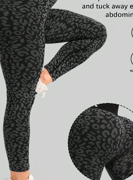 jkthpu-45 Black Leopard Print / UK 16 Women's High-Waisted Yoga Pants - Non-See-Through Stretchy Workout