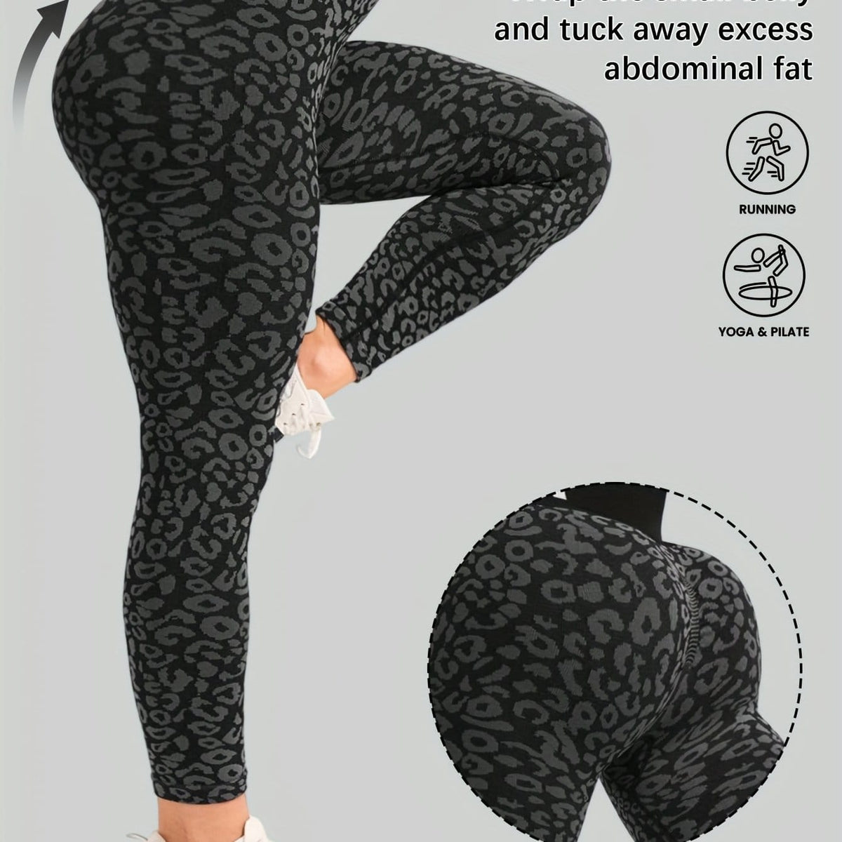 jkthpu-45 Black Leopard Print / UK 16 Women's High-Waisted Yoga Pants - Non-See-Through Stretchy Workout
