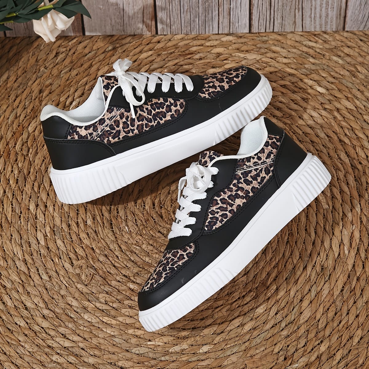jkthpu-45 Black Leopard Print / UK 2.5 Trendy Leopard Print Womens LowTop Sneakers Lightweight Comfort
