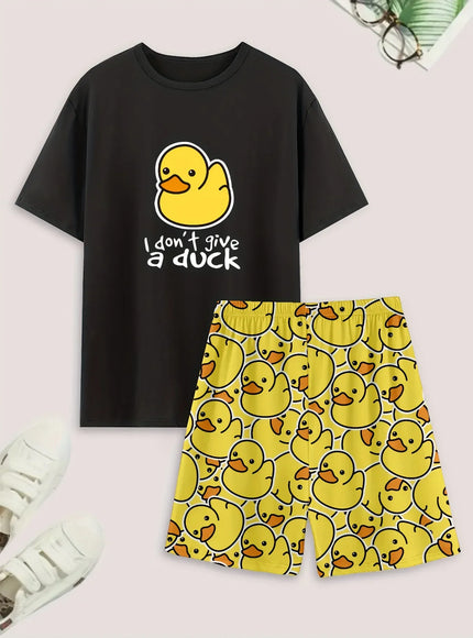 KissICON black / M Charming Duck Print Pajama Set Shorts  Tee