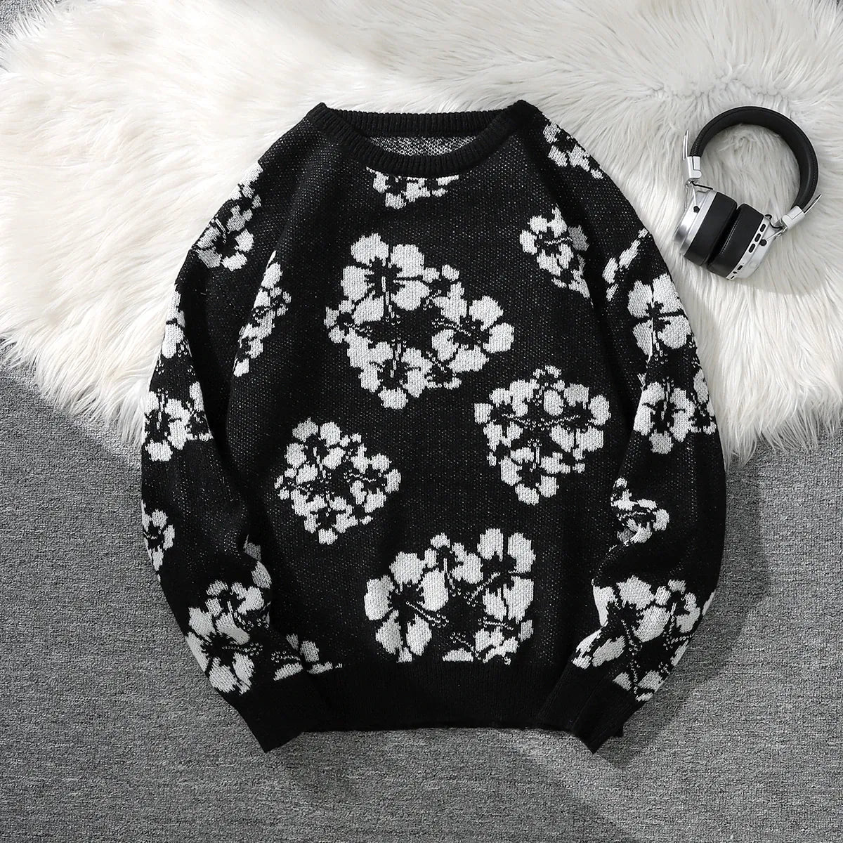 KissICON black / M Cool Floral Jacquard Mens Crew Neck Winter Pullover Gift
