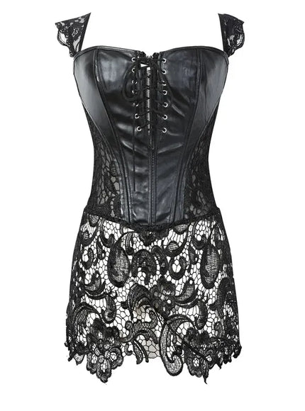 KissICON Black / M Fashion New Steampunk Corset Dress Women Gothic Sexy Faux Leather Zipper Bustier Lace Skirt Black Red Corselet Clubwear S-6XL