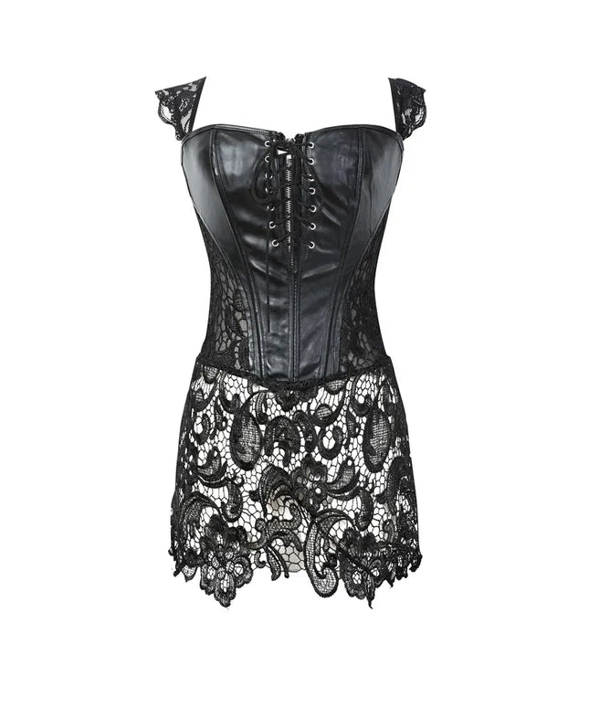 KissICON Black / M Fashion New Steampunk Corset Dress Women Gothic Sexy Faux Leather Zipper Bustier Lace Skirt Black Red Corselet Clubwear S-6XL
