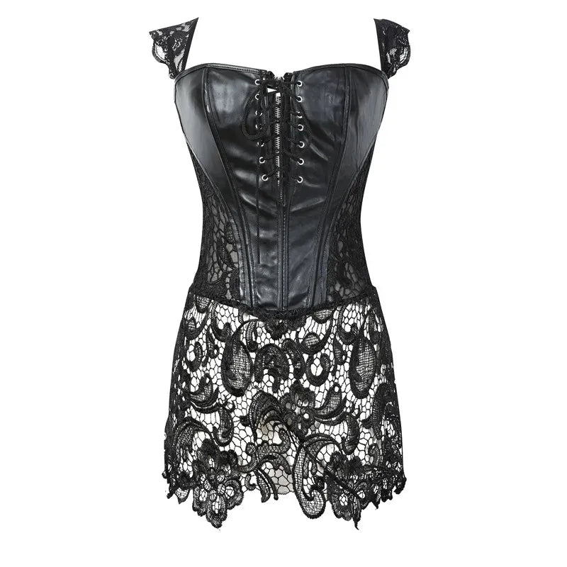KissICON Black / M Fashion New Steampunk Corset Dress Women Gothic Sexy Faux Leather Zipper Bustier Lace Skirt Black Red Corselet Clubwear S-6XL