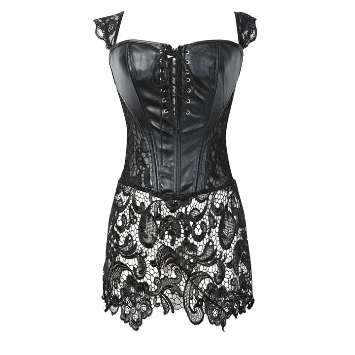 Fashion New Steampunk Corset Dress Women Gothic Sexy Faux Leather Zipper Bustier Lace Skirt Black Red Corselet Clubwear S-6XL