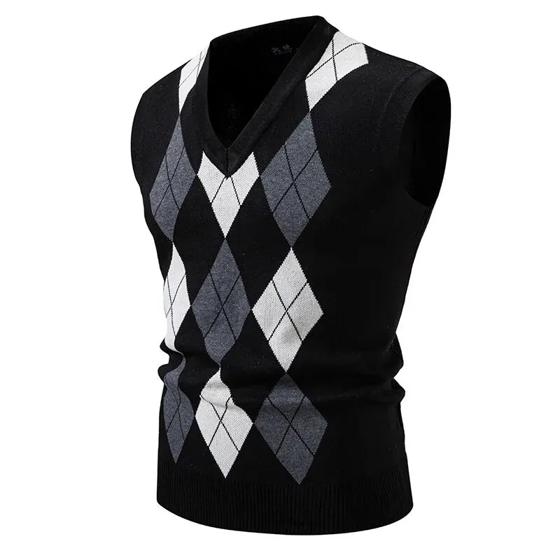 KissICON Black / M Mens Argyle Knit Vest Stylish Slim Fit Pullover