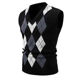 KissICON Black / M Mens Argyle Knit Vest Stylish Slim Fit Pullover