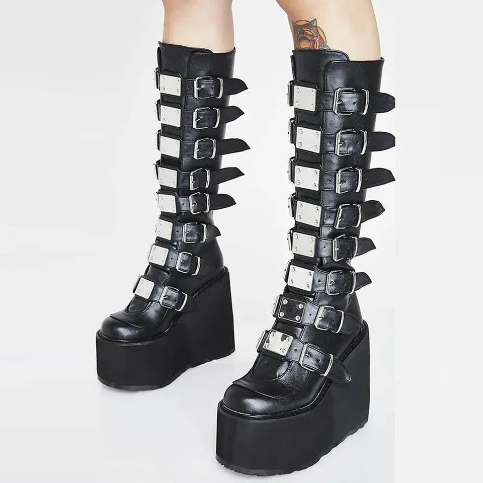 KissICON black matte / 41 Women Boots Cosplay Ladies High Heel Platform Wedges