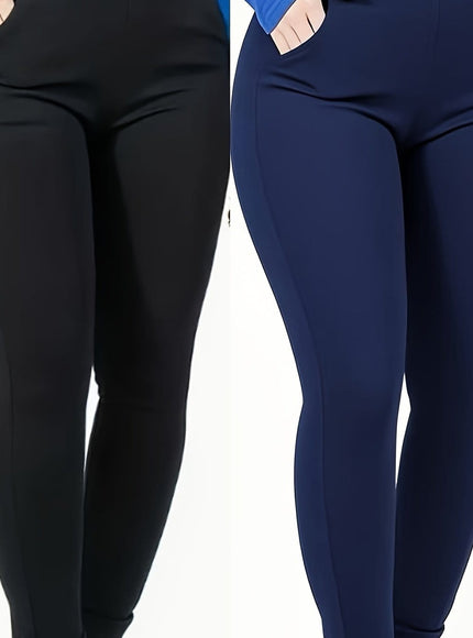 jkthpu-45 Black + Navy Blue / UK 16 Plus Size High-Waisted Slim-Fit Pants with Pockets -