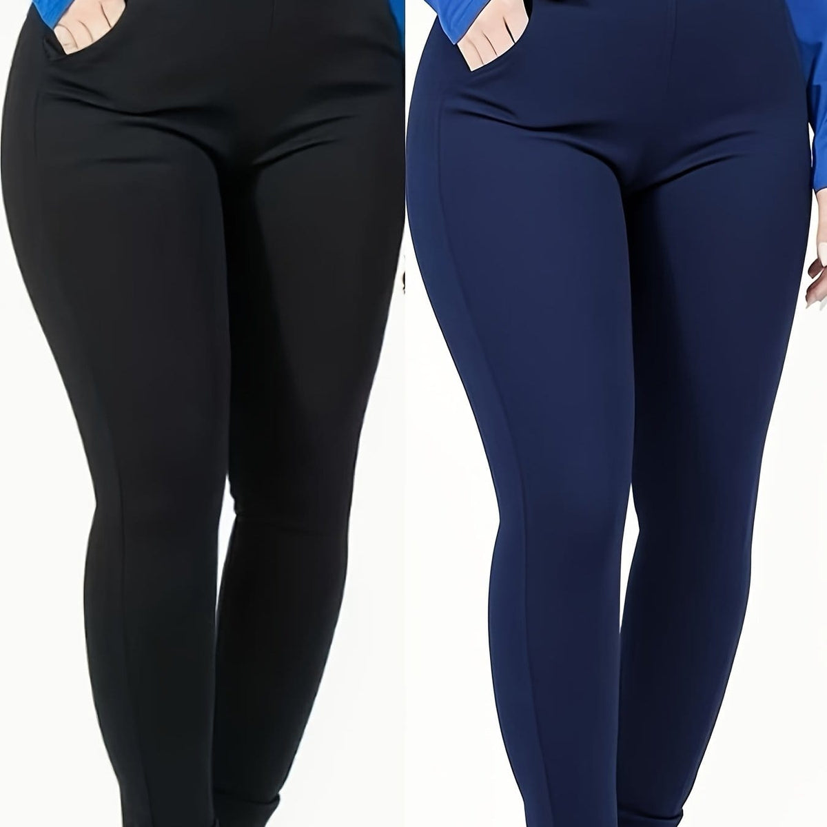 jkthpu-45 Black + Navy Blue / UK 16 Plus Size High-Waisted Slim-Fit Pants with Pockets -