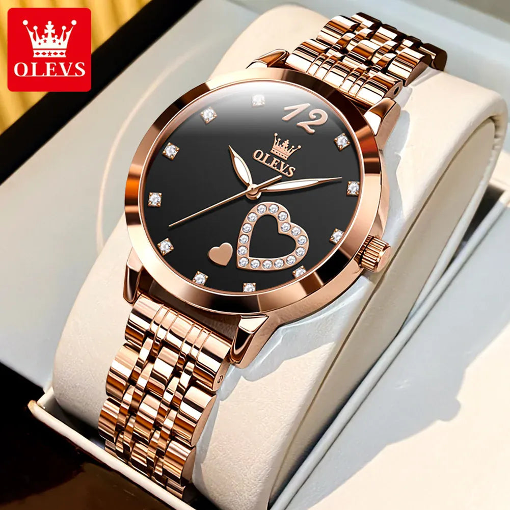 KissICON black OLEVS Japan Quartz Women Watch Stainless steel Bracelet "Love" Dial Fashion Elegant Waterproof Luminous Quartz Watch for Ladies