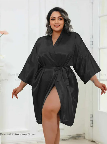 KissICON Black / One Size Plus Size Women Robe Half Sleeve Bathrobe Kimono