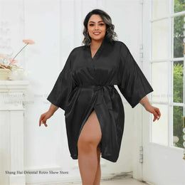 KissICON Black / One Size Plus Size Women Robe Half Sleeve Bathrobe Kimono