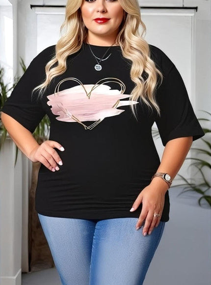 KissICON Black Oversized Heart Print T-Shirt – Casual Plus Size Top