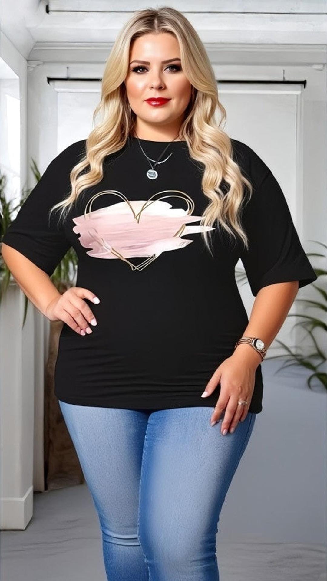 KissICON Black Oversized Heart Print T-Shirt – Casual Plus Size Top