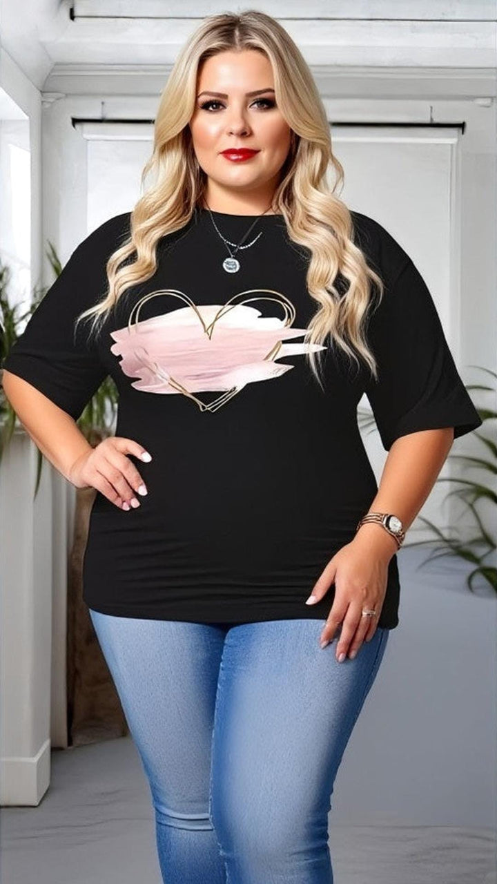 Black Oversized Heart Print T-Shirt – Casual Plus Size Top