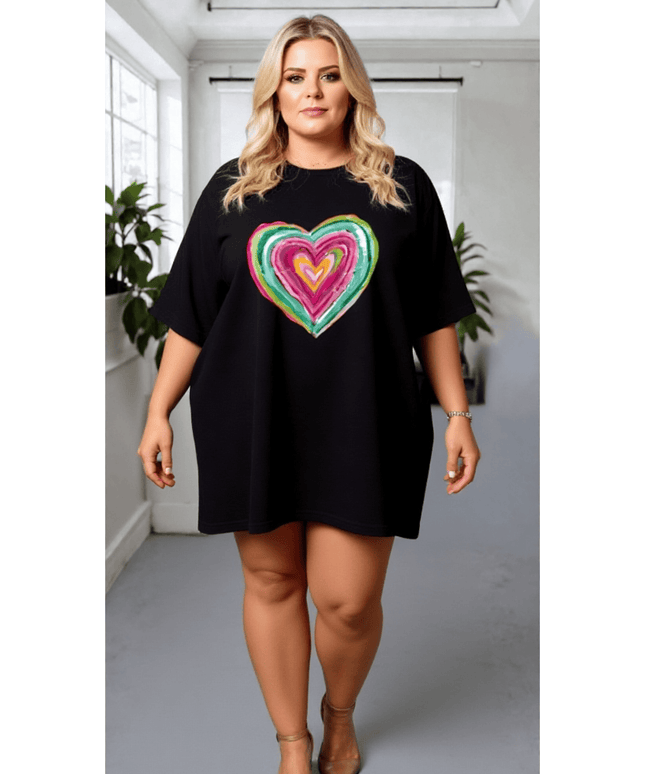 KissICON Black Oversized Rainbow Heart T-Shirt Dress – Casual Plus Size Top