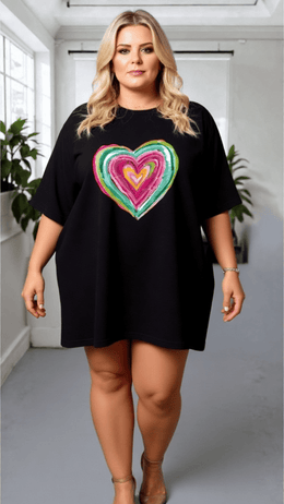 KissICON Black Oversized Rainbow Heart T-Shirt Dress – Casual Plus Size Top
