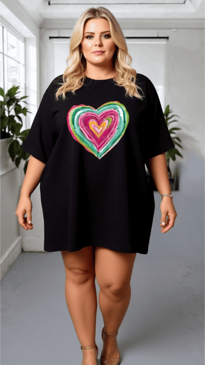 Black Oversized Rainbow Heart T-Shirt Dress – Casual Plus Size Top