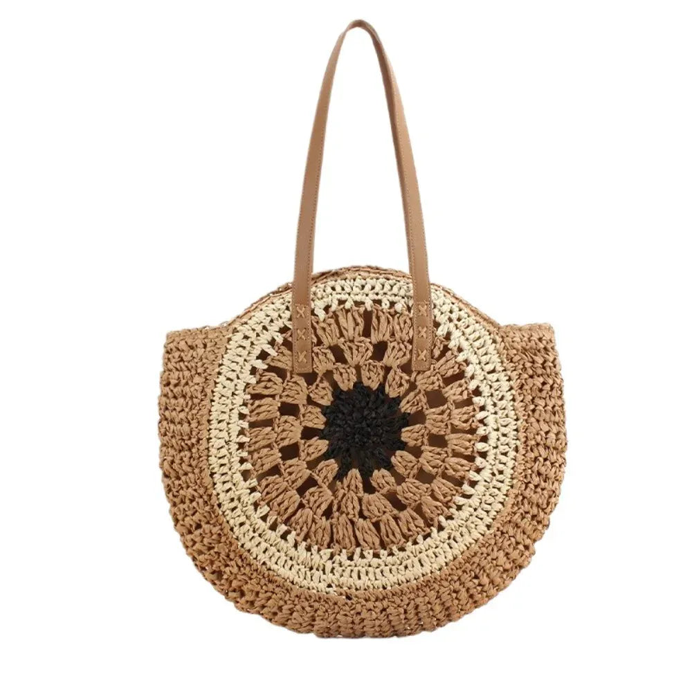 KissICON black Paper Rope Hollow Colorful Disc Woven Beach Shoulder Bag