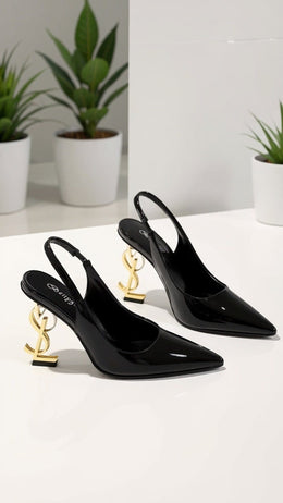 KissICON Black Patent Slingback Heels with Sculptural Gold Heel