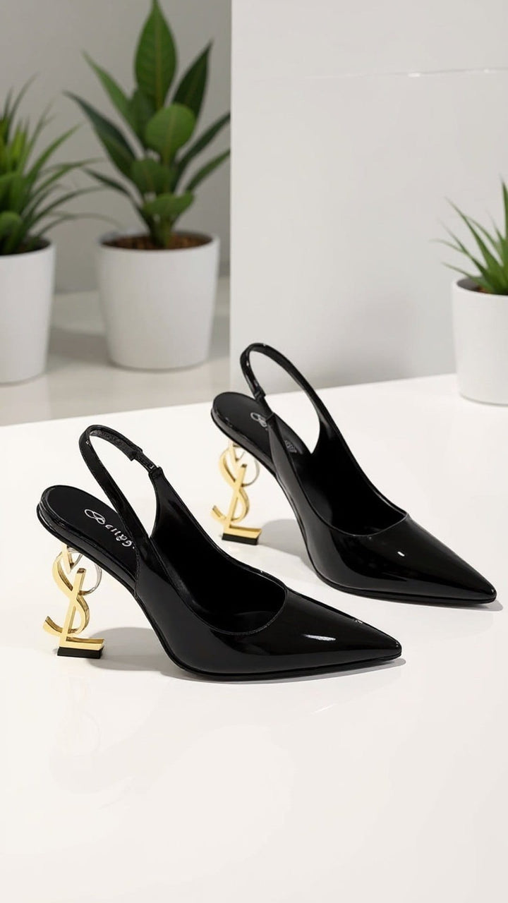 Black Patent Slingback Heels with Sculptural Gold Heel