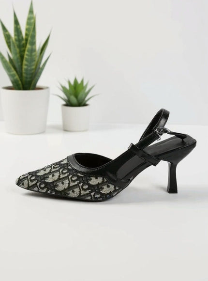 KissICON Black Patterned Slingback Pointed-Toe Heels