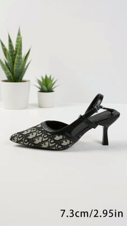 KissICON Black Patterned Slingback Pointed-Toe Heels
