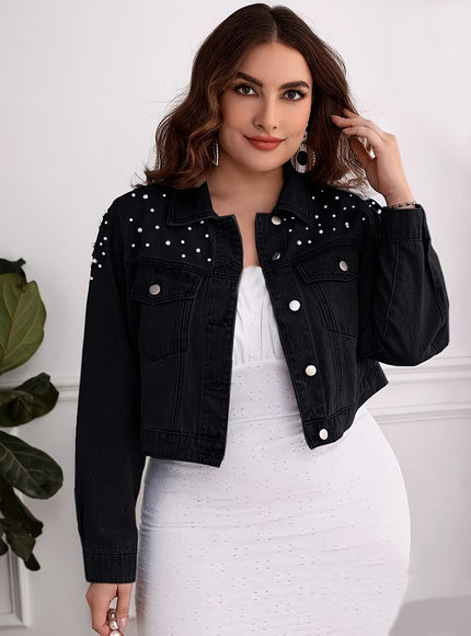 jkthpu-45 Black Pearl Collar PlusSize Denim Jacket SpringAutumn Style