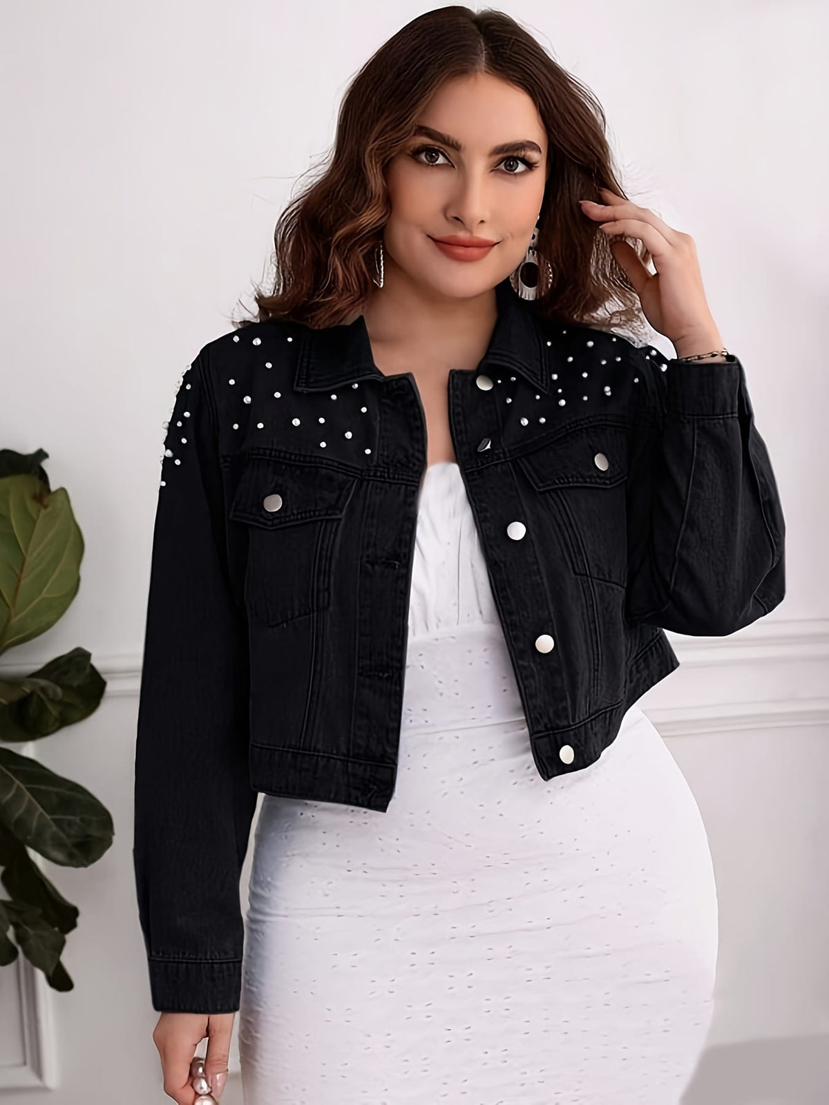 jkthpu-45 Black Pearl Collar PlusSize Denim Jacket SpringAutumn Style
