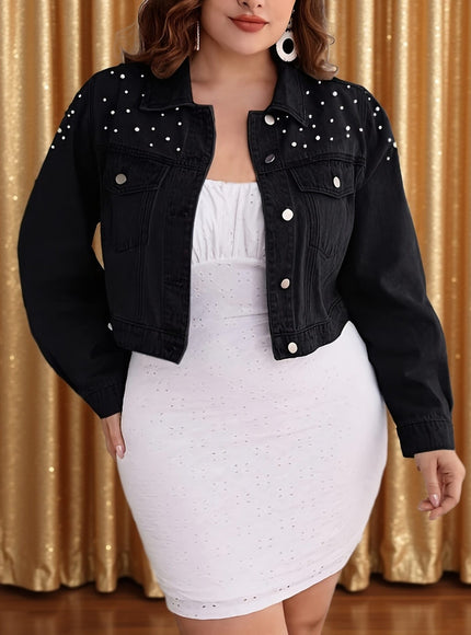 jkthpu-45 Black Pearl Collar PlusSize Denim Jacket SpringAutumn Style