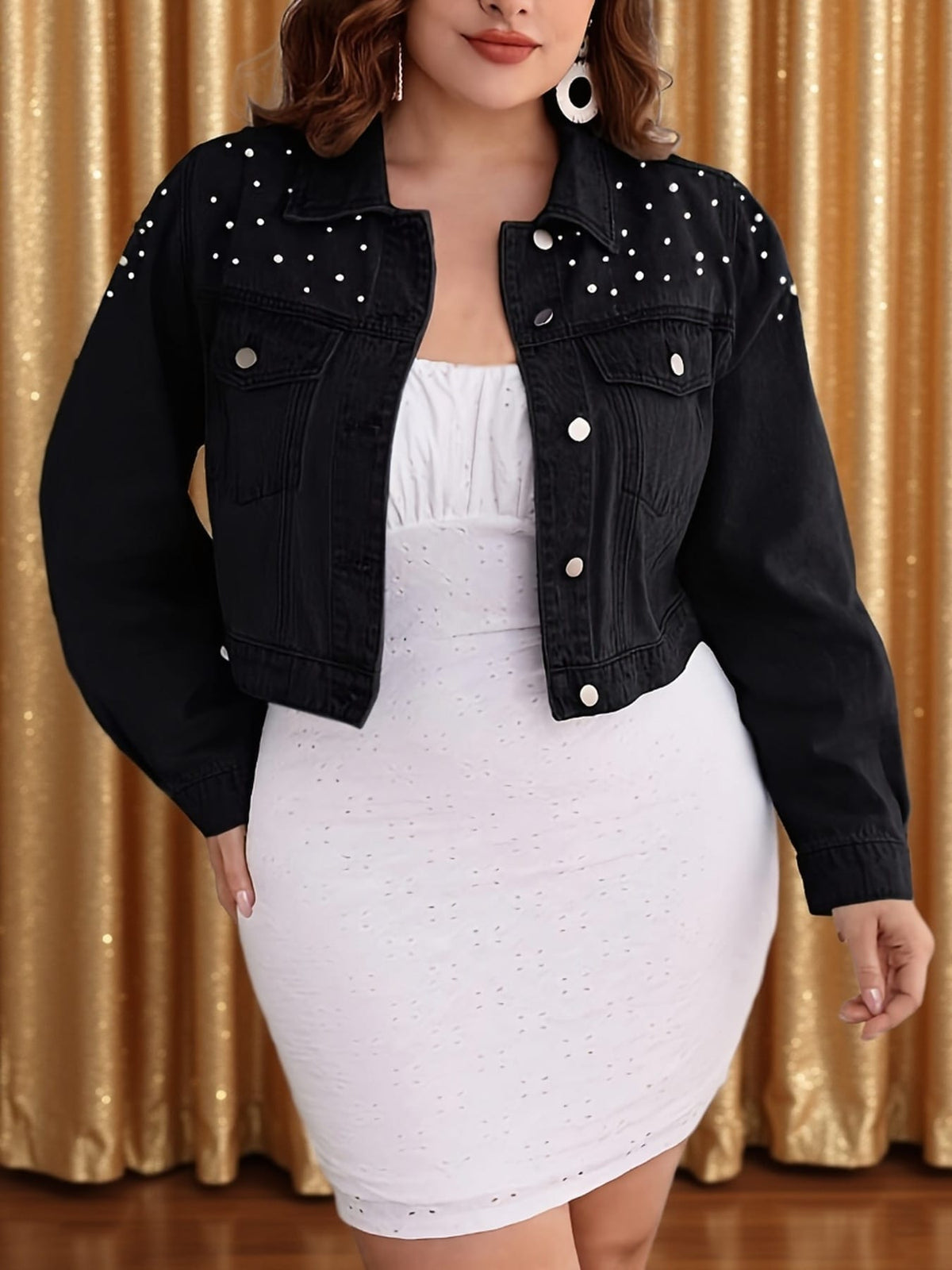 jkthpu-45 Black Pearl Collar PlusSize Denim Jacket SpringAutumn Style