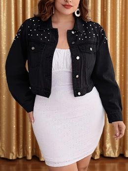 jkthpu-45 Black Pearl Collar PlusSize Denim Jacket SpringAutumn Style