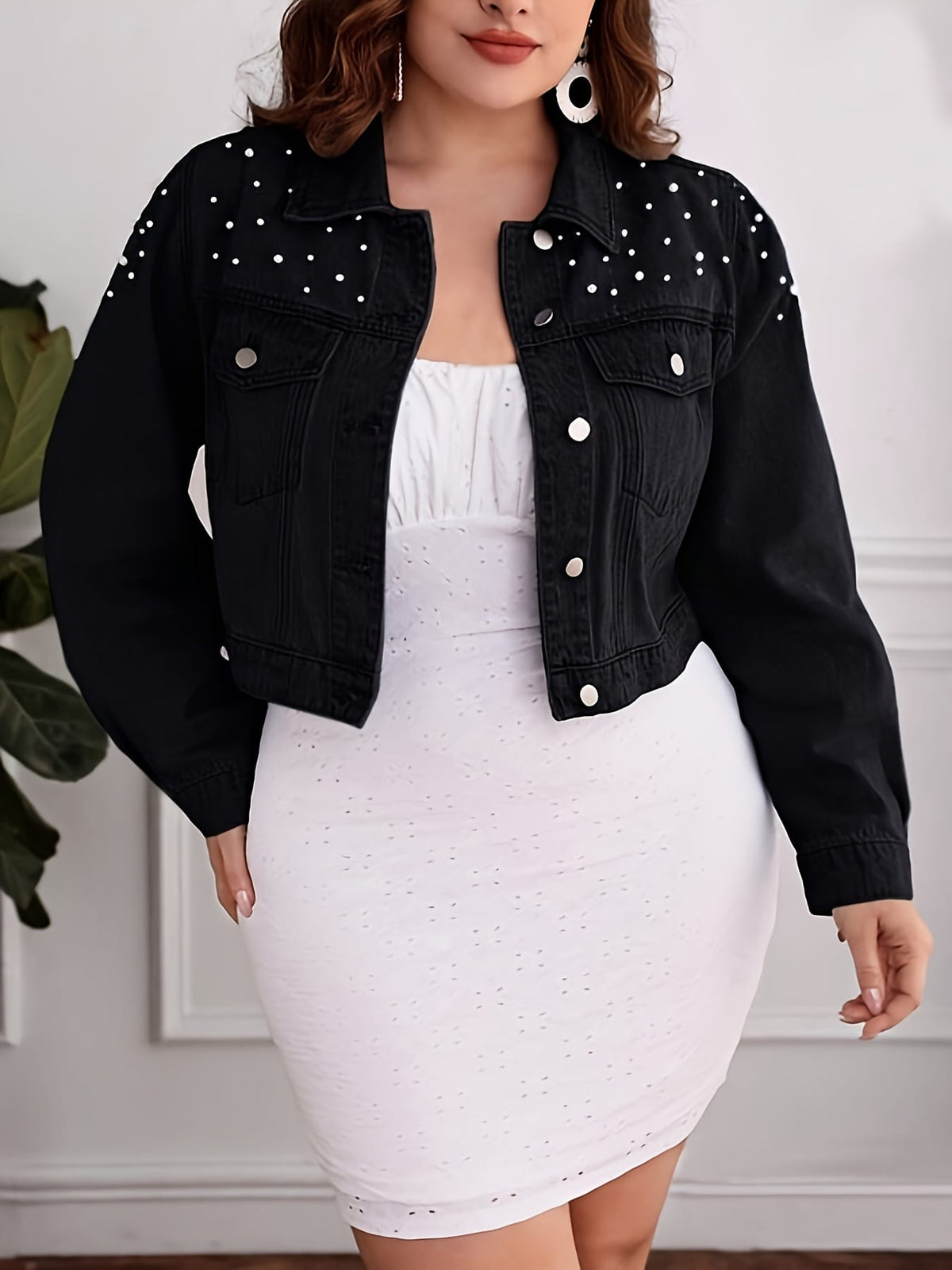 jkthpu-45 Black Pearl Collar PlusSize Denim Jacket SpringAutumn Style